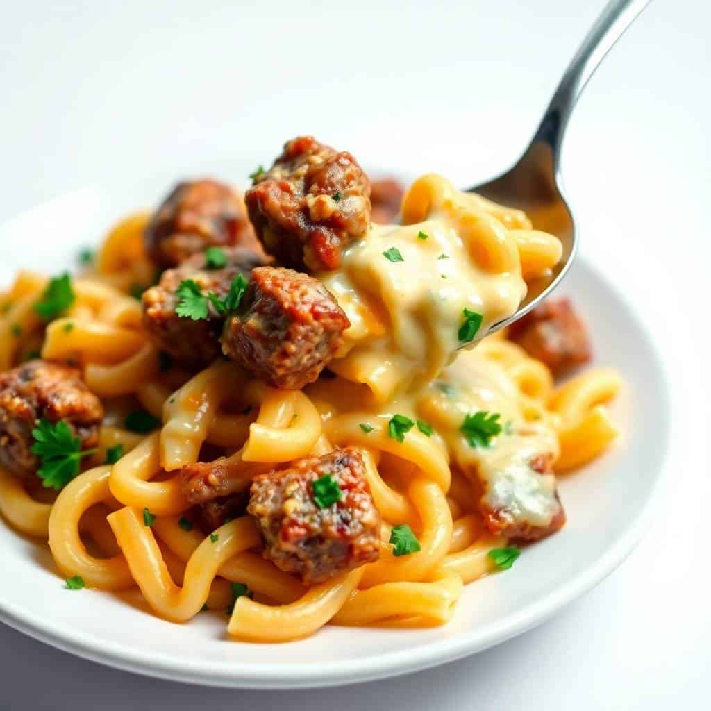 Cheesy steak bites and rotini pasta garnished with parsley on a white plate with fork.