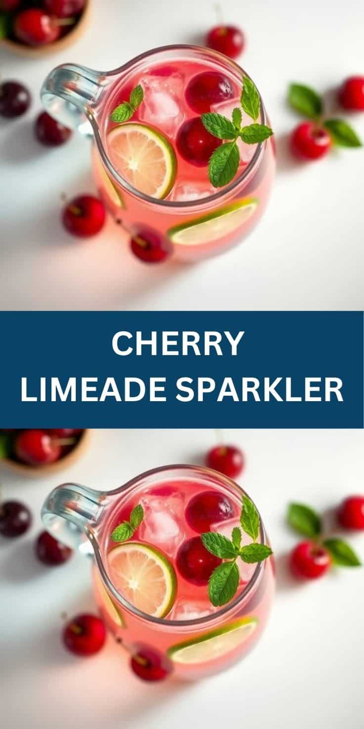 Cherry limeade sparkler in glass pitcher with ice, fresh cherries, lime slices, and mint garnish.