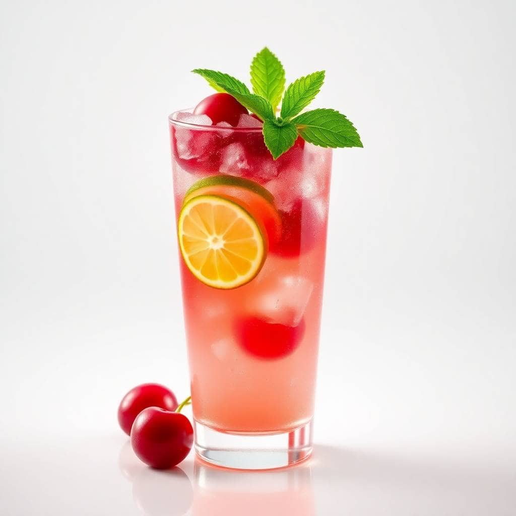 Cherry Limeade Sparkler cocktail with ice, citrus slice, fresh cherries, and mint garnish in tall glass.