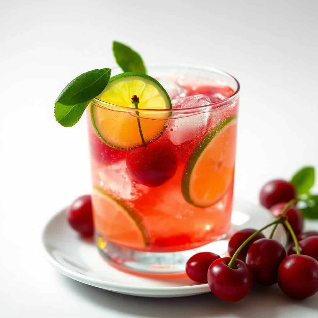 Cherry Limeade Sparkler in glass with ice, lime wheel, mint leaves, and fresh cherries on white plate.