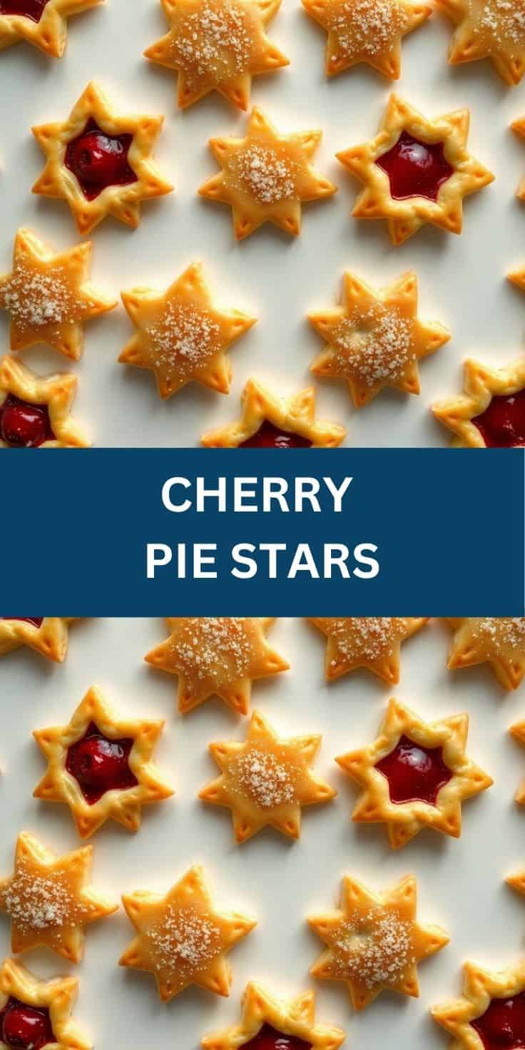 Golden star-shaped pastries with red cherry filling and powdered sugar dusting on white surface.