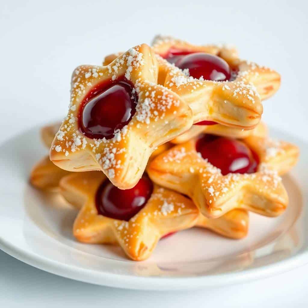 Cherry pie star-shaped pastries dusted with powdered sugar on a white plate.