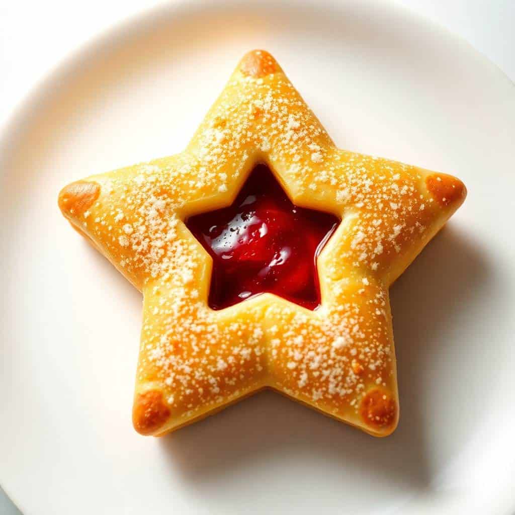 Star-shaped pastry dusted with powdered sugar, filled with bright red cherry jam, on white plate.