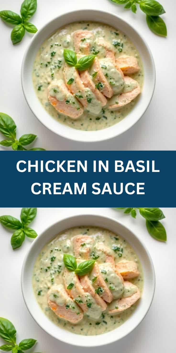 Sliced chicken breast in creamy basil sauce, garnished with fresh basil leaves in white bowl.