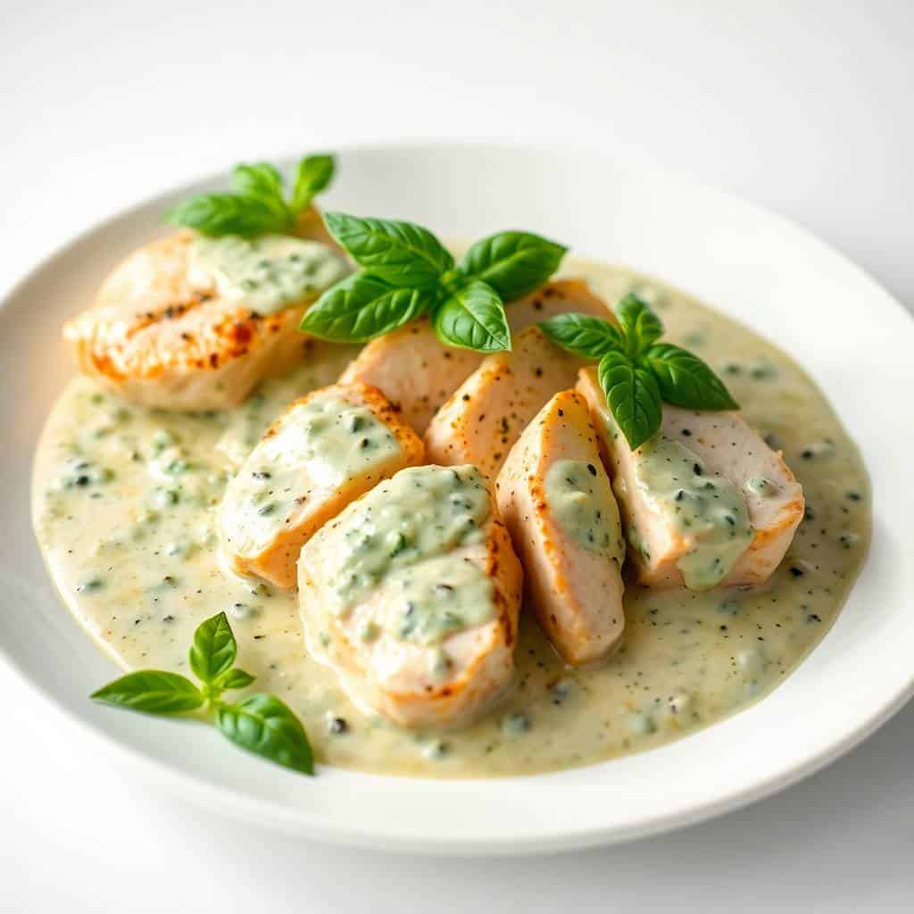 Sliced chicken breast with herb filling in creamy basil sauce, garnished with fresh basil on white plate.
