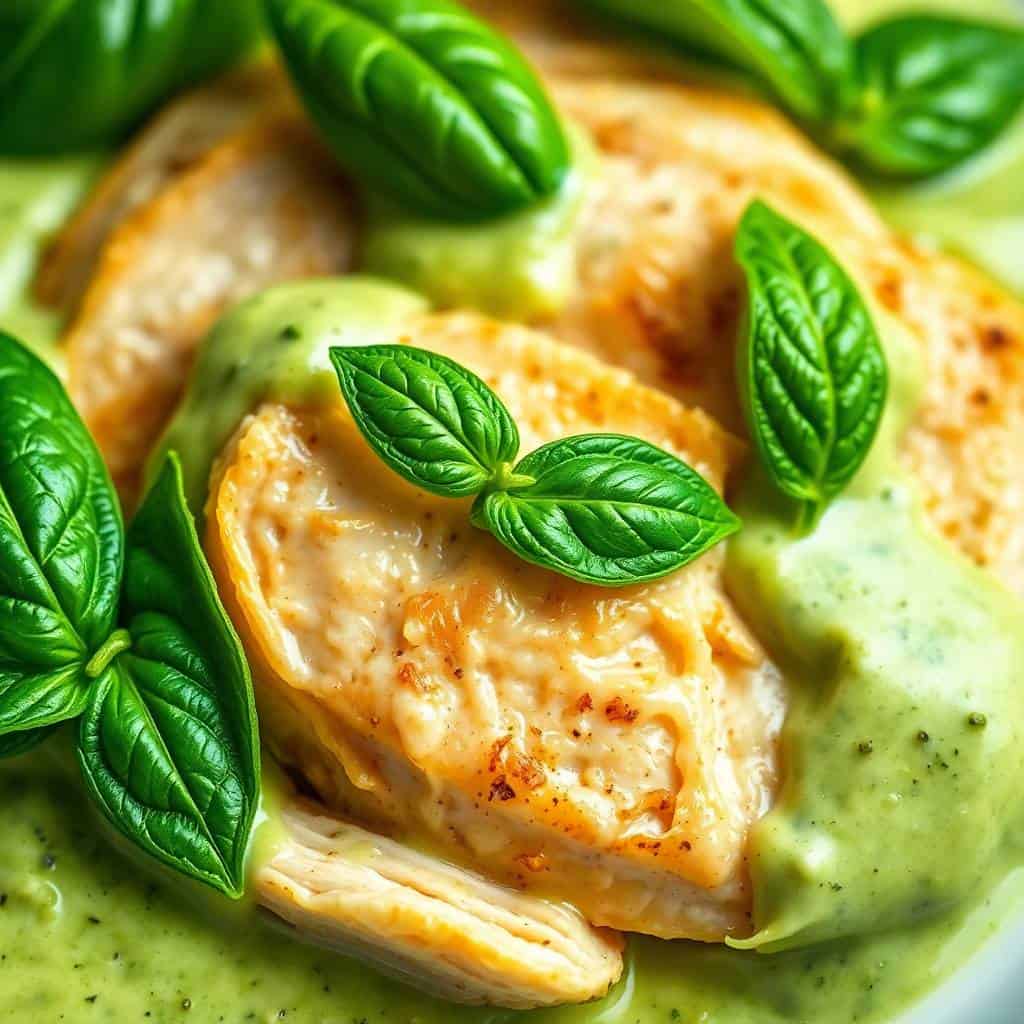 Seared chicken breasts in creamy basil sauce, garnished with fresh basil leaves and black pepper.