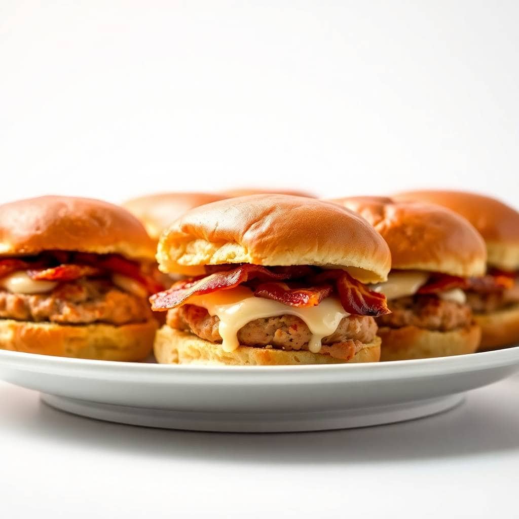 Four bacon ranch chicken turkey sliders with melted cheese on golden buns arranged on white plate.