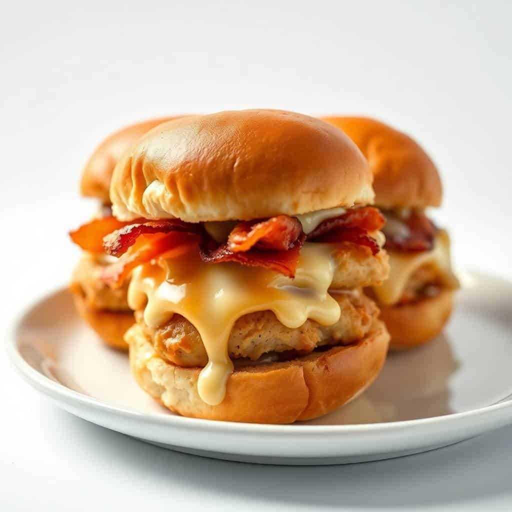 Chicken turkey bacon ranch sliders with melted cheese and crispy bacon on toasted buns, plated on white dish.