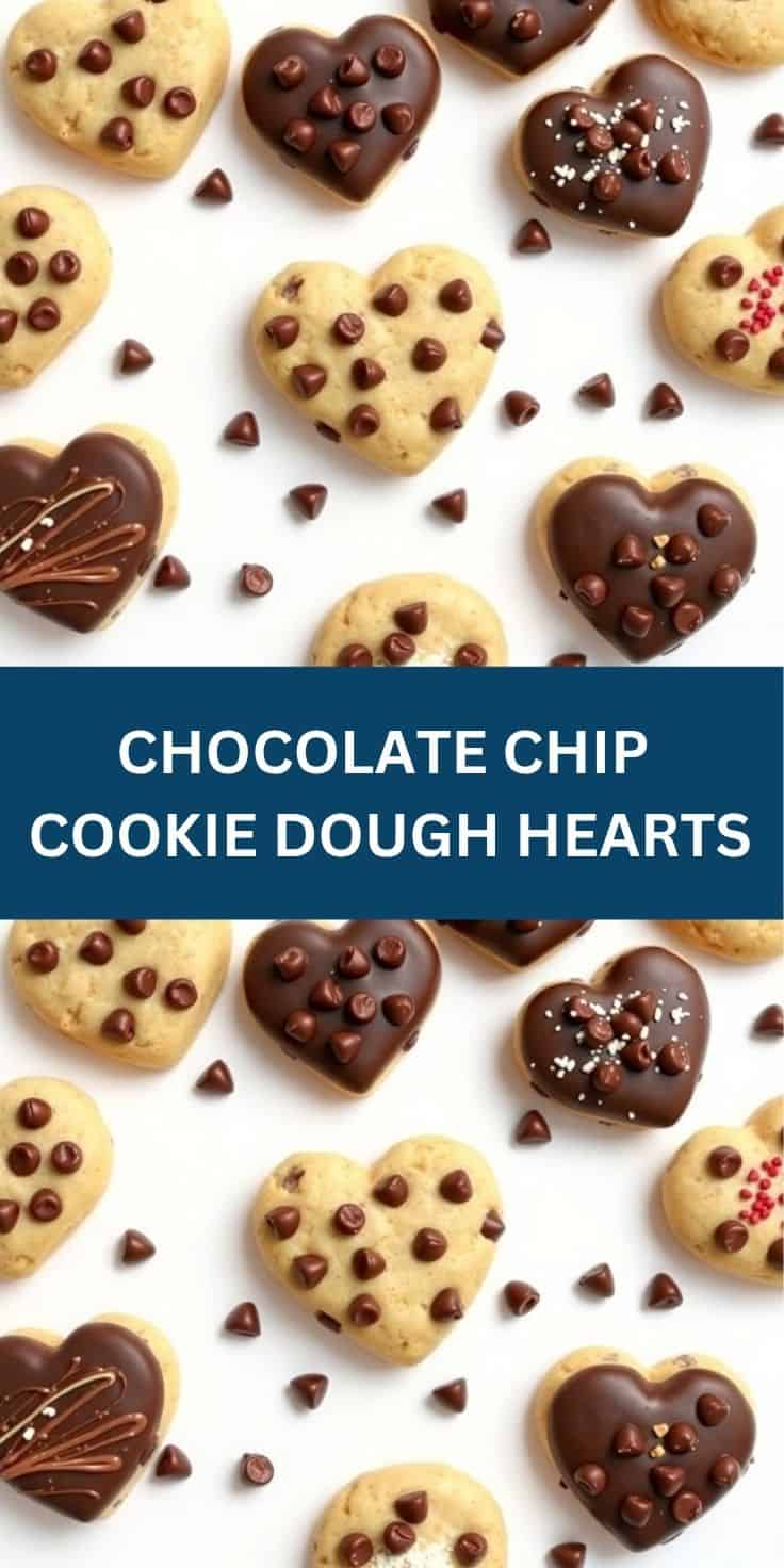 Heart-shaped chocolate chip cookies with vanilla and chocolate-coated varieties, scattered on white background.