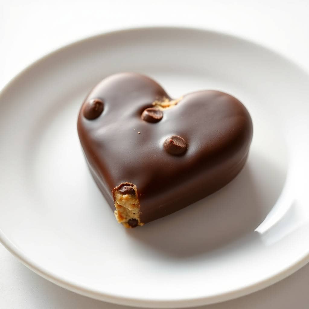 Chocolate-coated heart-shaped cookie dough dessert with chocolate chips on white plate.