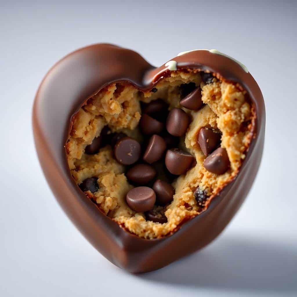 Heart-shaped chocolate shell filled with chocolate chip cookie dough and chocolate chips on white surface.