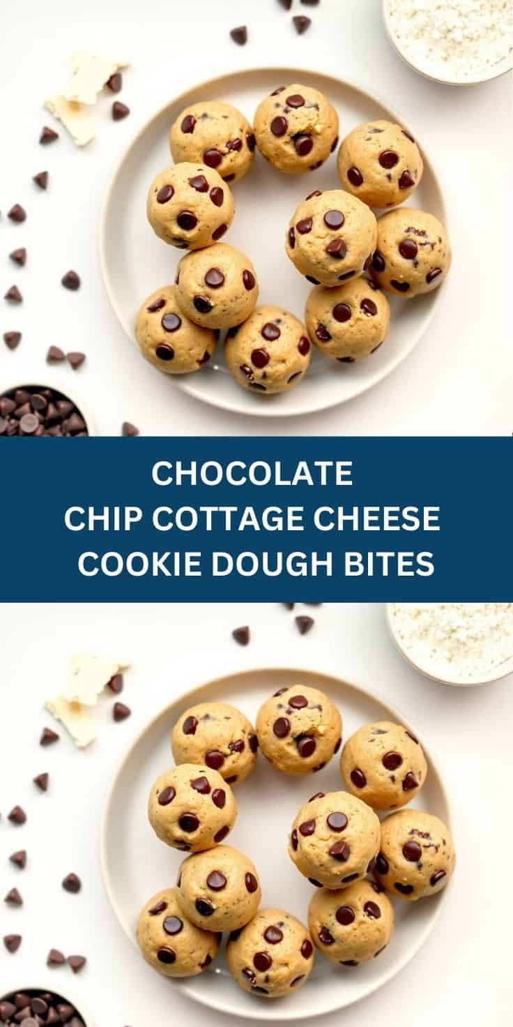 Chocolate chip cottage cheese cookie dough bites arranged on white plate with ingredients surrounding.