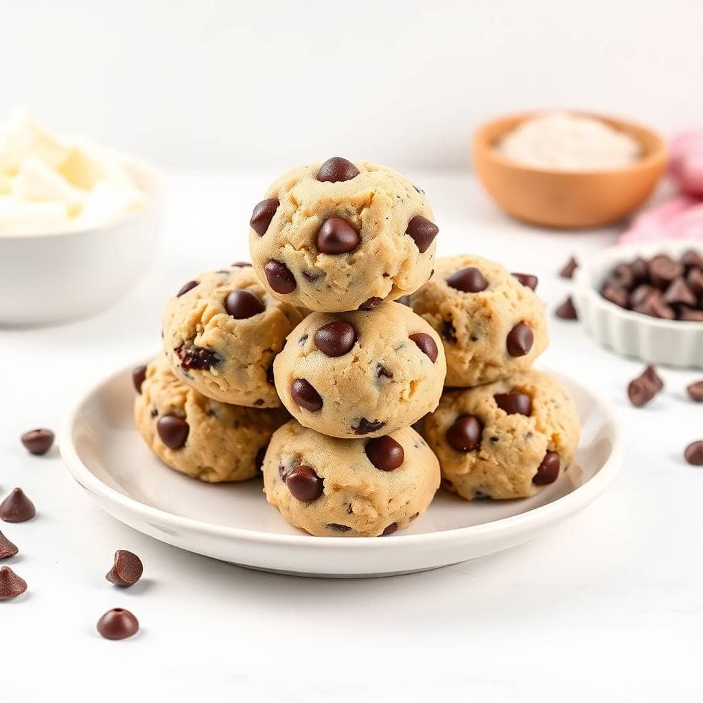 Chocolate chip cottage cheese cookie dough bites stacked on white plate with chocolate chips scattered nearby.