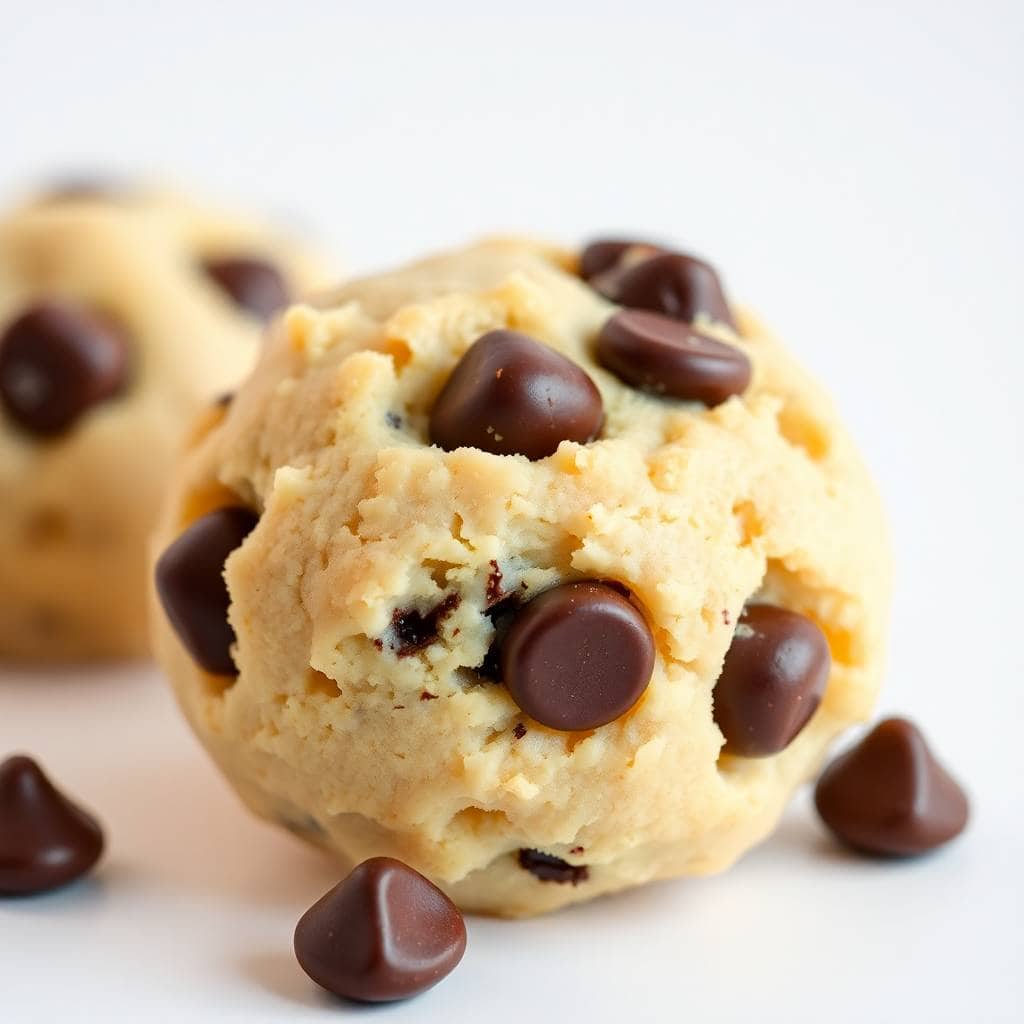 Chocolate chip cottage cheese cookie dough bites with chocolate chips scattered on white surface.