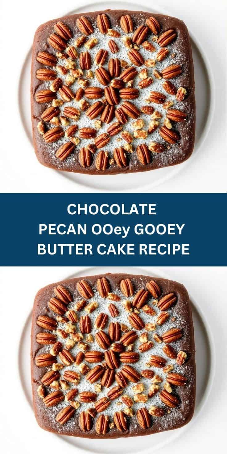 Chocolate pecan butter cake dusted with powdered sugar, topped with pecan halves on white plate.