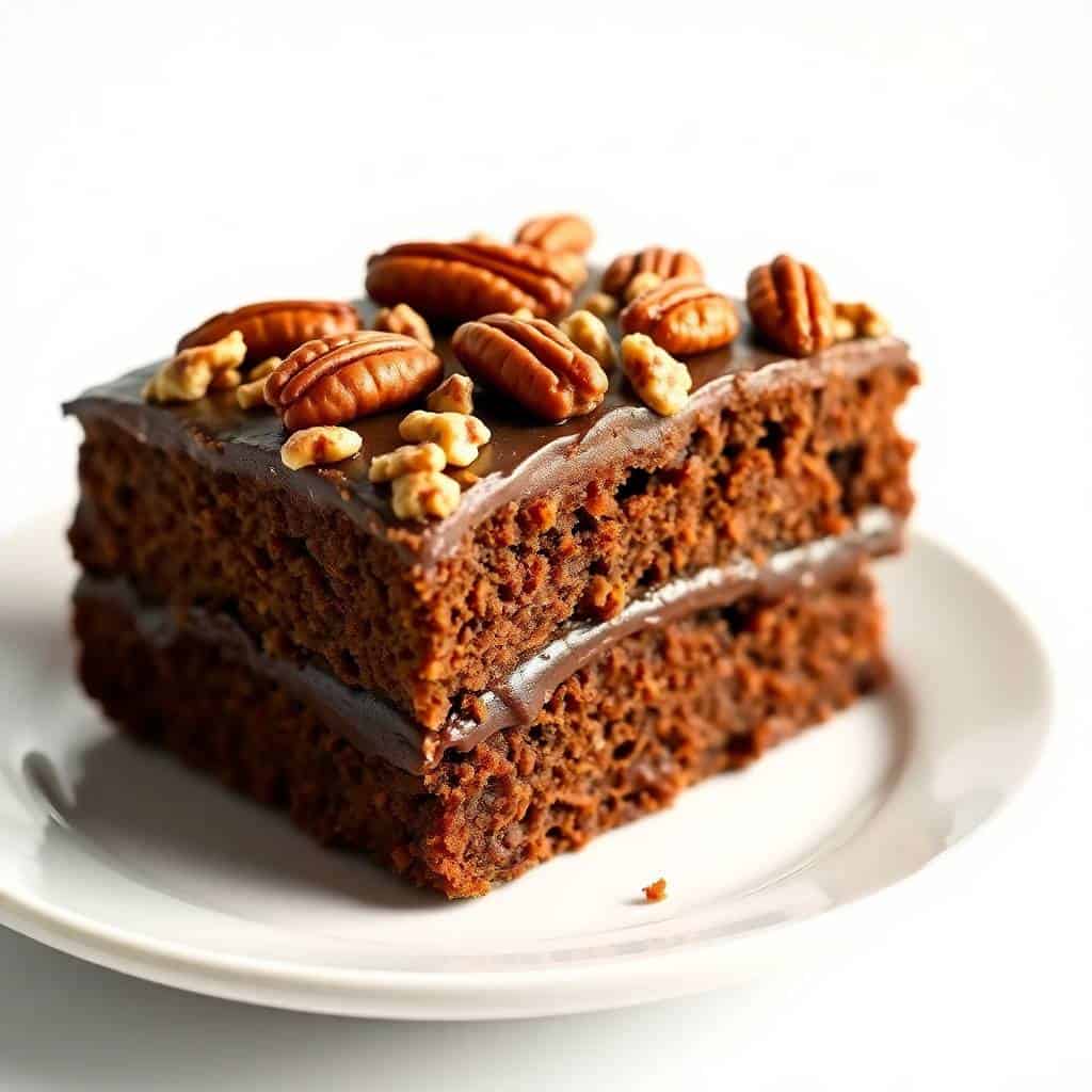 Chocolate pecan butter cake slice on white plate with chocolate frosting and pecan garnish.