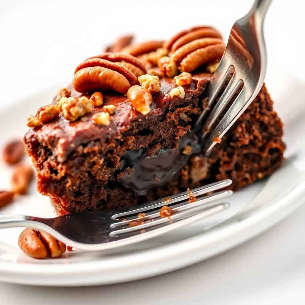 Chocolate pecan butter cake slice on white plate with fork and pecan garnish.
