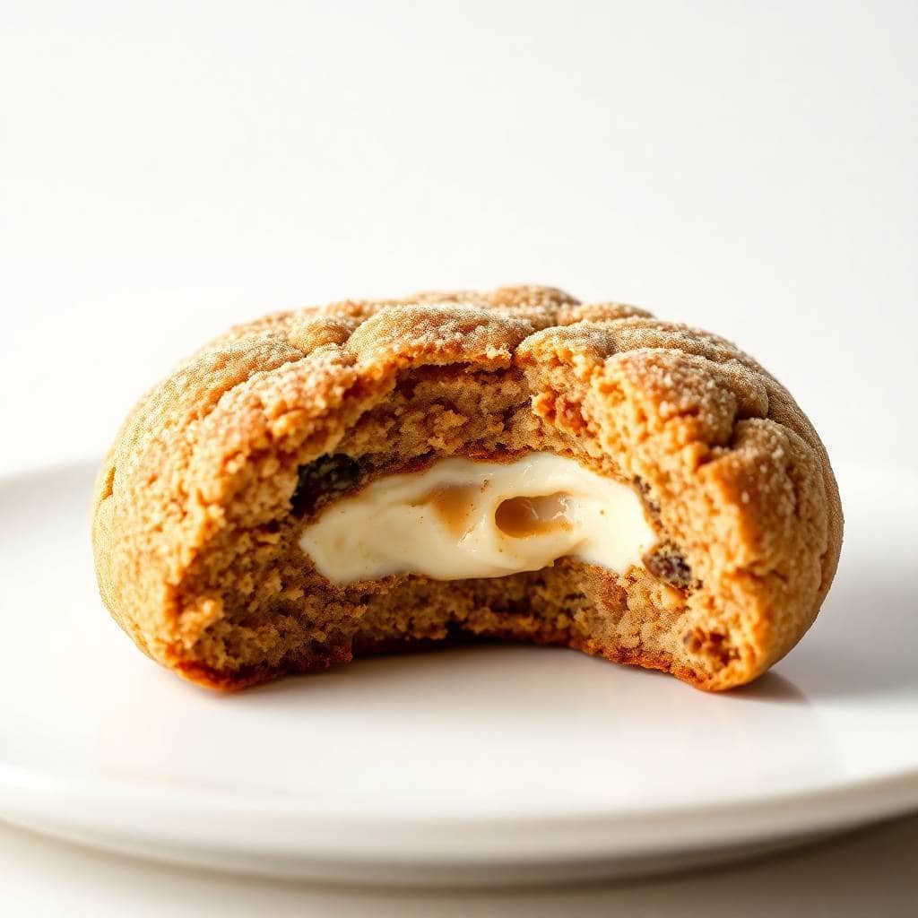 Cinnamon cheesecake cookie split open revealing creamy filling, dusted with cinnamon sugar on white plate.