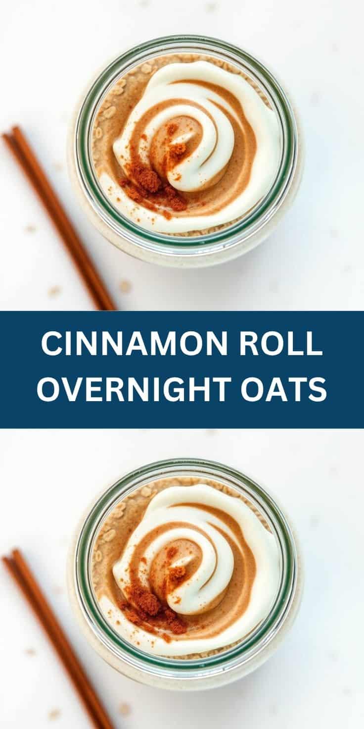 Cinnamon roll overnight oats in glass jar with cream swirl and cinnamon stick garnish.