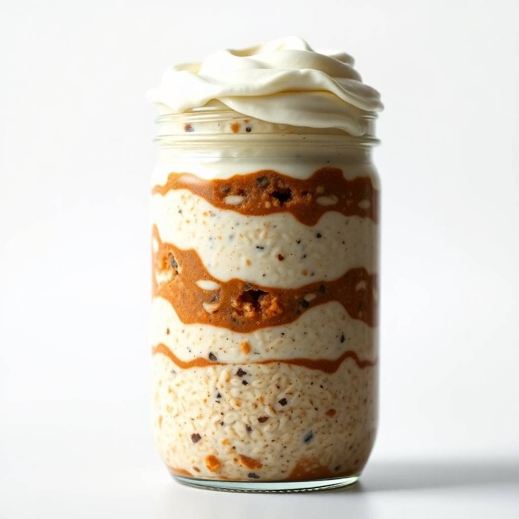 Layered cinnamon roll overnight oats in glass jar with whipped cream topping and cookie pieces.