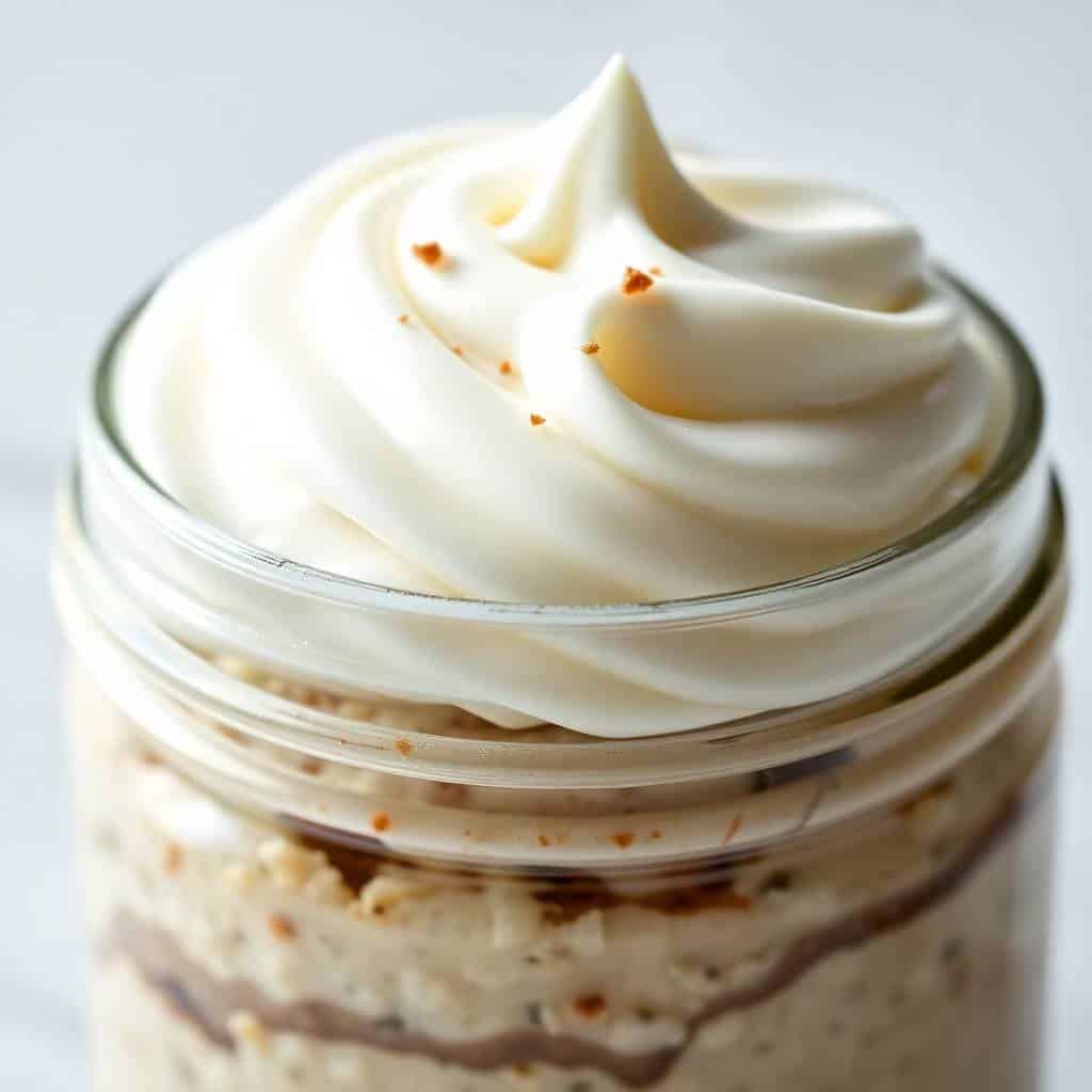 Cinnamon roll overnight oats in a glass jar with whipped cream topping and cinnamon sprinkle.