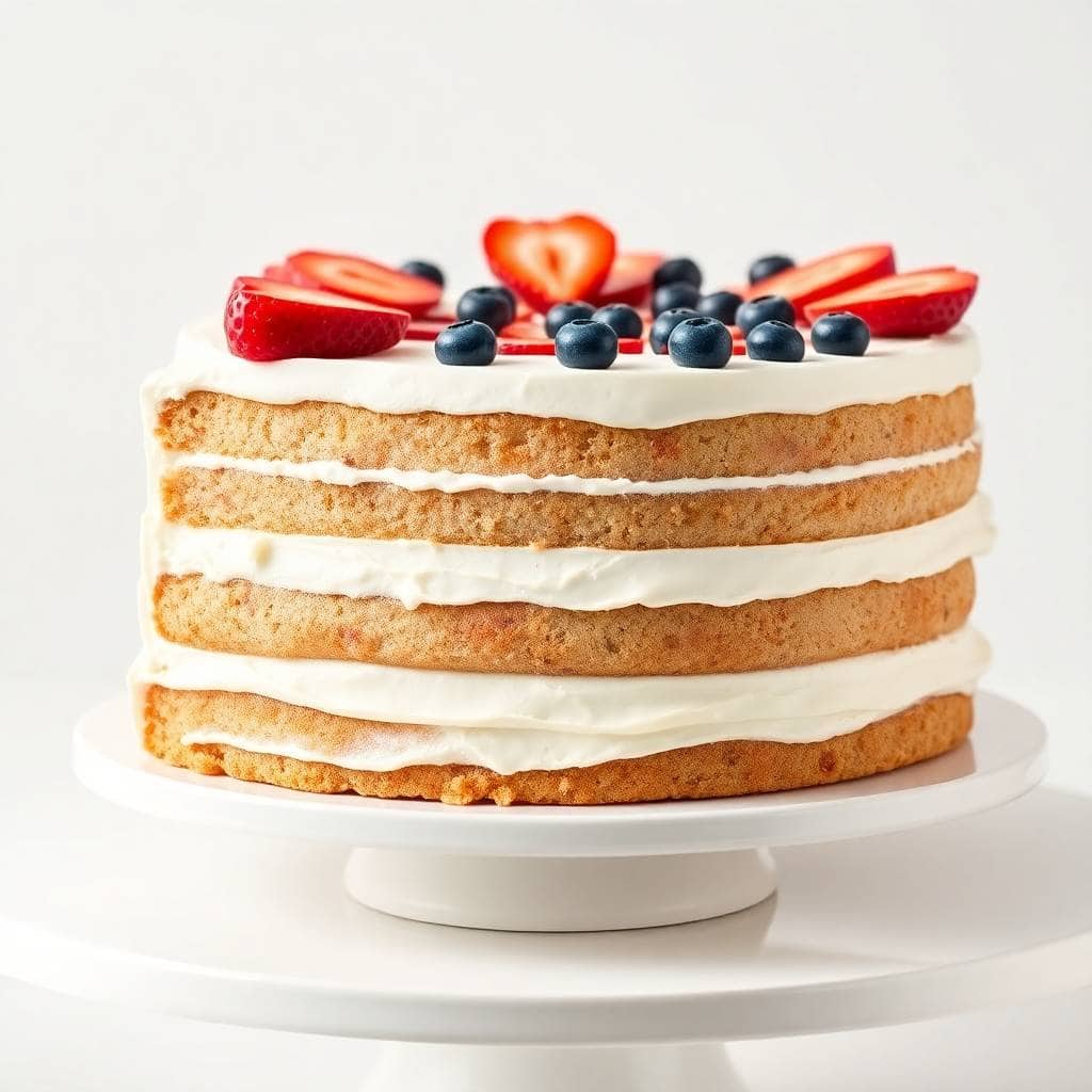 Layered cake with cream frosting, fresh strawberries and blueberries on white cake stand.