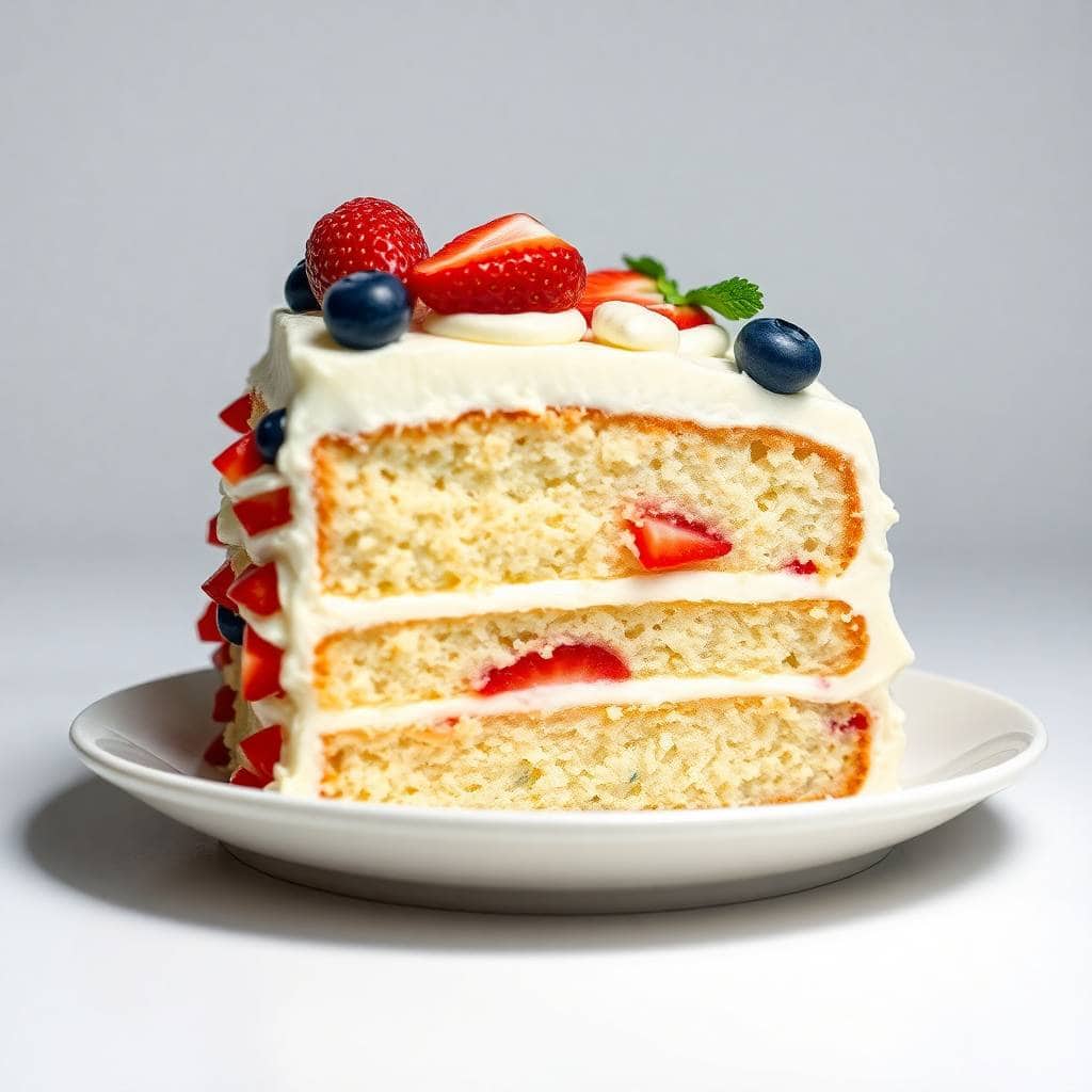 Three-layer vanilla cake with strawberry filling, cream frosting, fresh berries and mint on white plate.