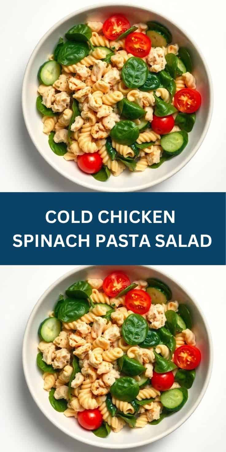 Cold chicken spinach pasta salad with spiral pasta, fresh spinach, cherry tomatoes, and cucumber in white bowls.