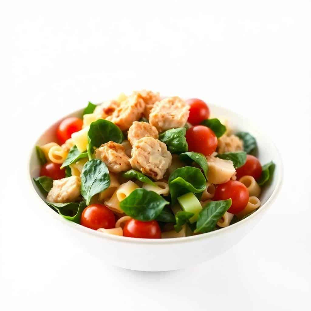 Cold chicken spinach pasta salad in white bowl with tomatoes, pasta, and fresh greens.