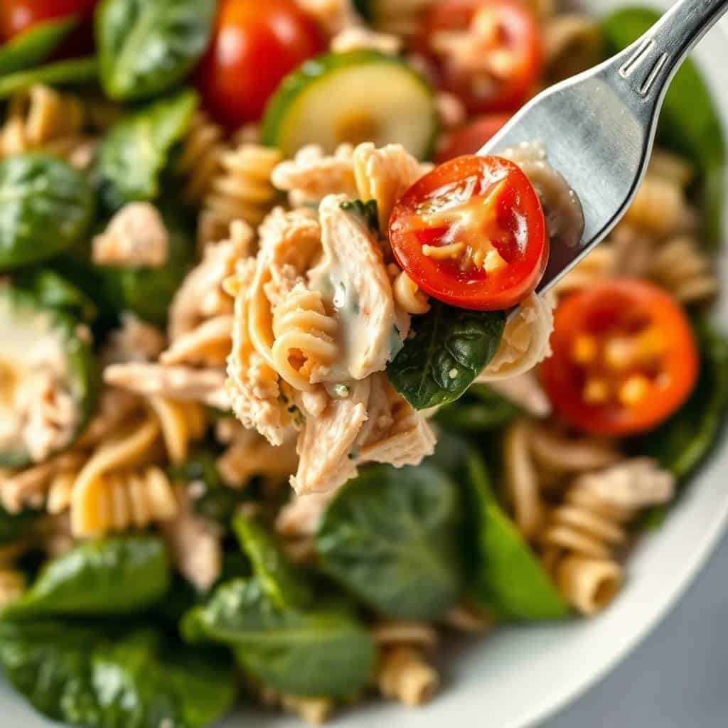 Fork holding cold chicken spinach pasta salad with tomato slice and fresh greens over white plate.