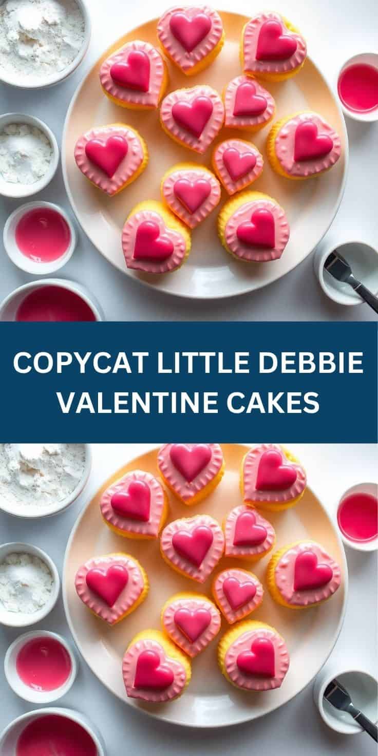 Heart-shaped vanilla cakes with pink frosting and darker pink fondant hearts on white plate.