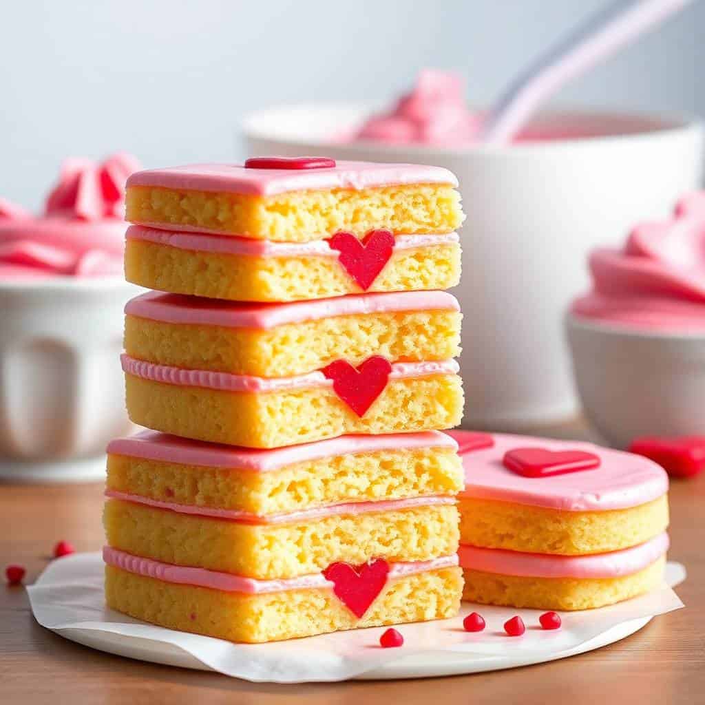 Stacked yellow sponge cakes with pink frosting and red fondant hearts, styled for Valentine's Day.