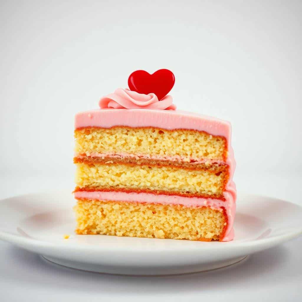 Homemade Valentine cake slice with three golden sponge layers, pink frosting, and red heart topper on white plate.