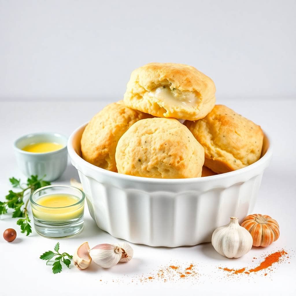 Golden cowboy butter swim biscuits in white bowl with garlic, herbs, and butter for dipping.