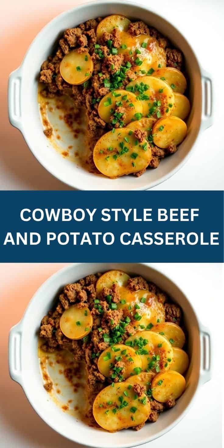 Cowboy style beef and potato casserole in white baking dish, topped with green onions.