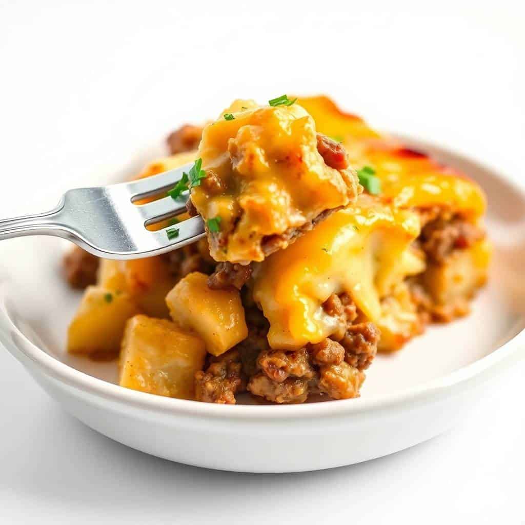 Cowboy beef and potato casserole with melted cheese and green onion garnish on white plate.