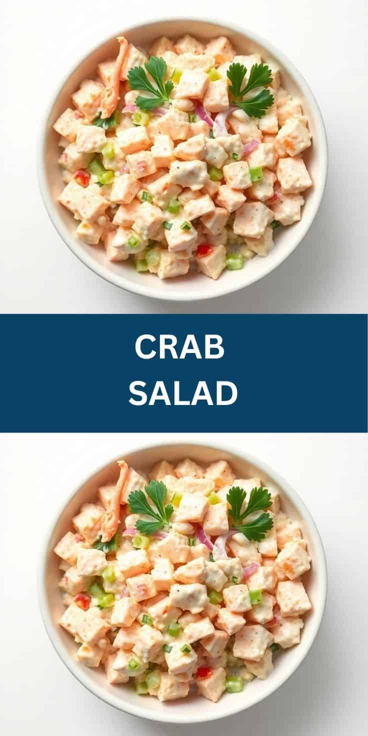 Two bowls of crab salad with diced crab meat, vegetables, and fresh parsley garnish on white plates.