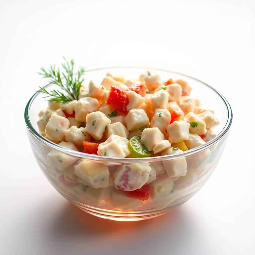 Crab salad with chunks of crab meat, diced red peppers, and fresh dill garnish in a glass bowl.