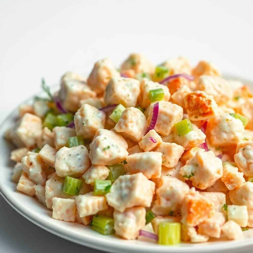 Crab salad with diced crab meat, green onions, and red onion on white plate.