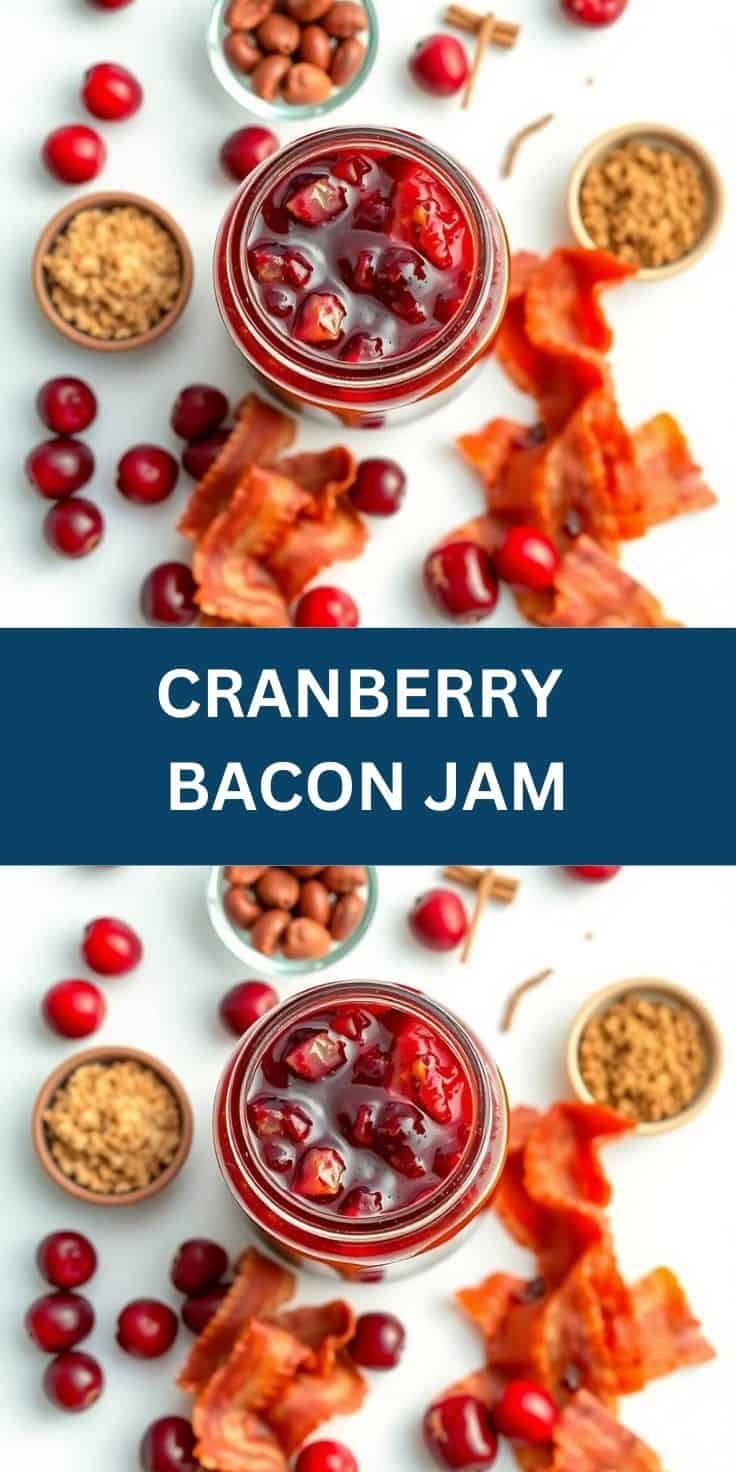 Cranberry bacon jam in glass jar surrounded by fresh cranberries, bacon strips, and nuts on white surface.