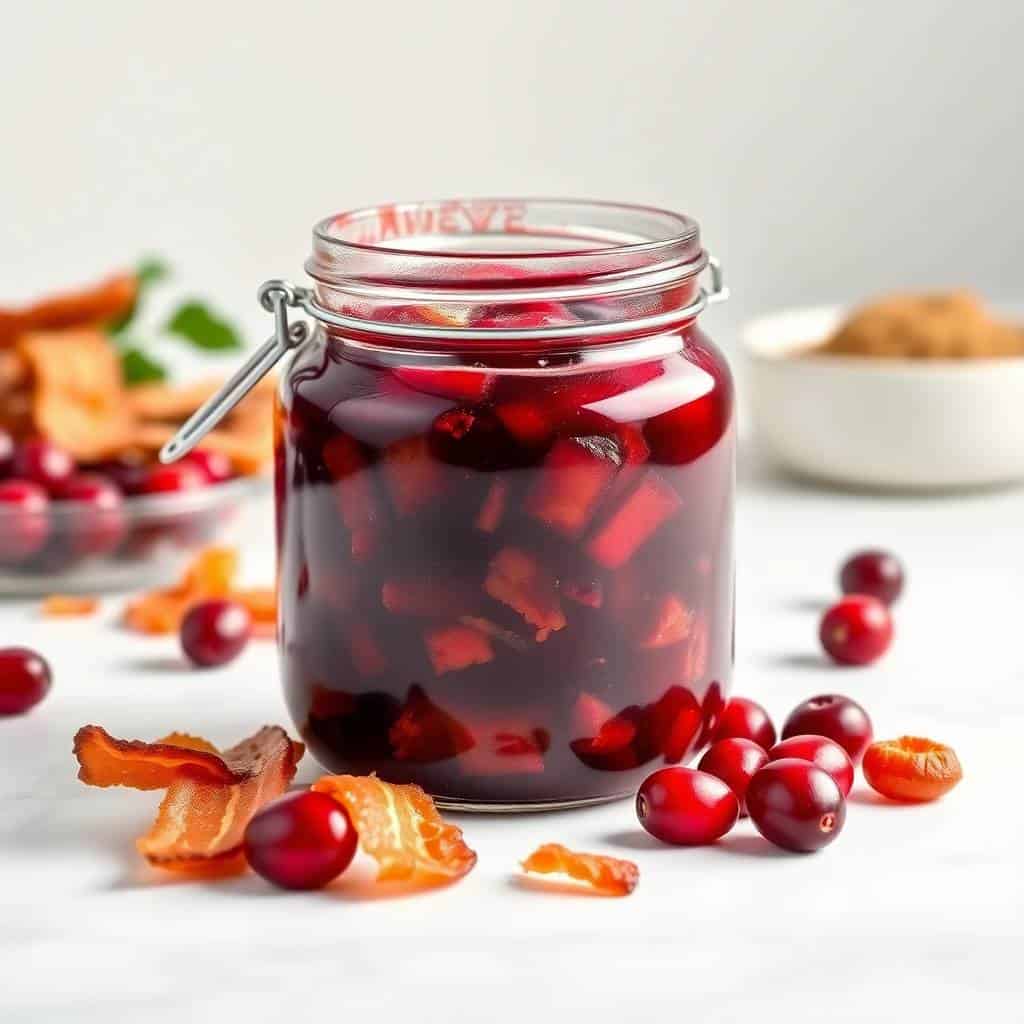 Cranberry bacon jam in glass jar with fresh cranberries and orange peel scattered around it.