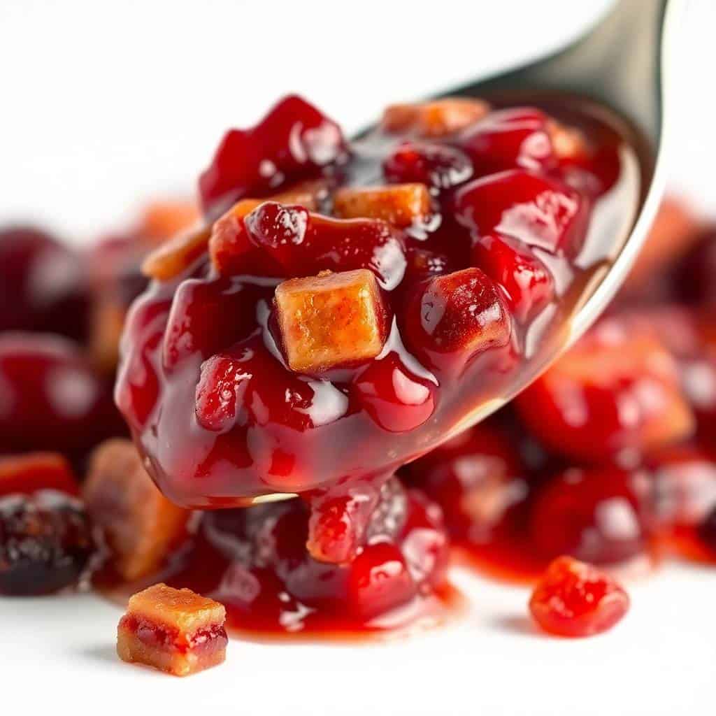 Cranberry bacon jam spooned onto white ceramic spoon, glossy red jam with caramelized bacon pieces.