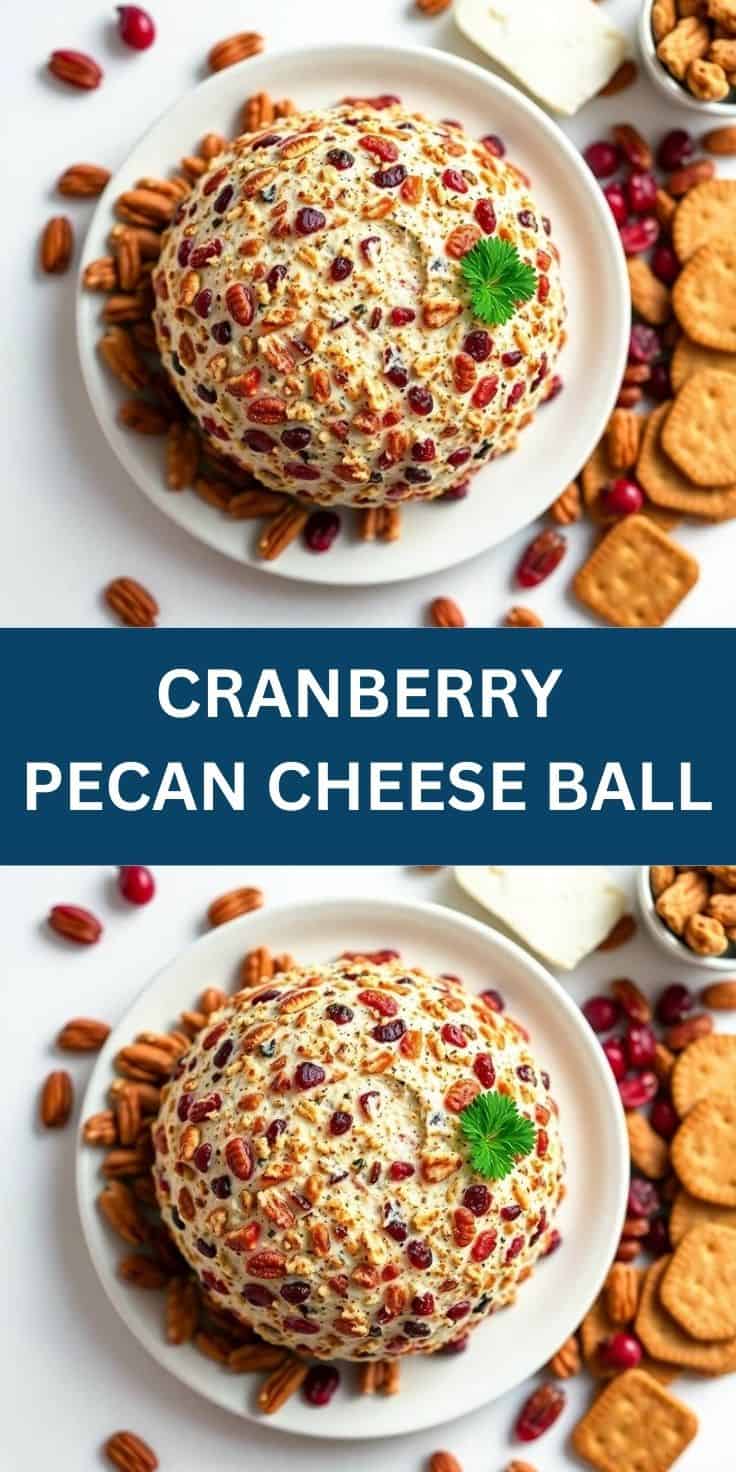 Cranberry pecan cheese ball on white plate garnished with parsley, surrounded by crackers and nuts.