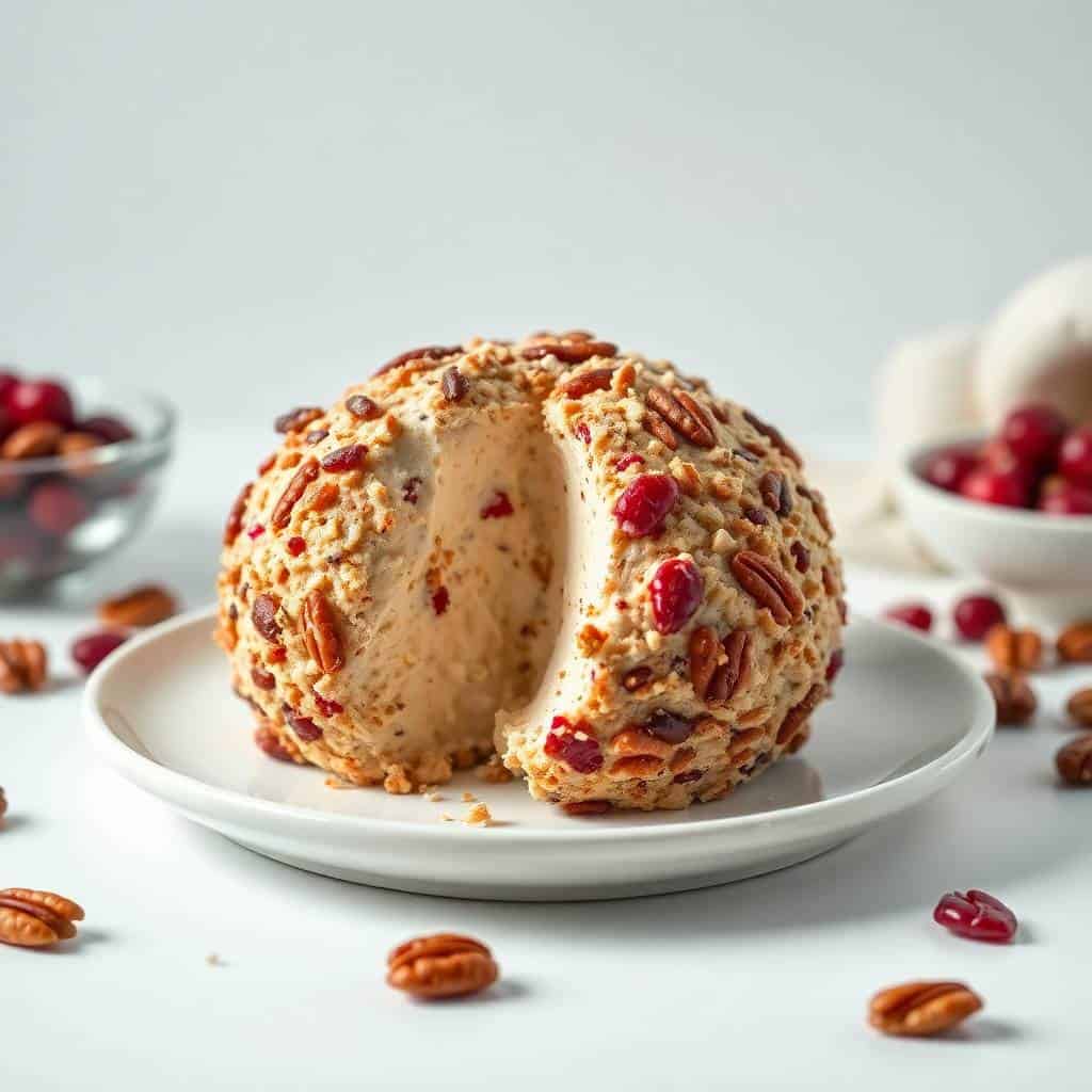Cranberry pecan cheese ball coated with nuts and dried cranberries on a white plate.