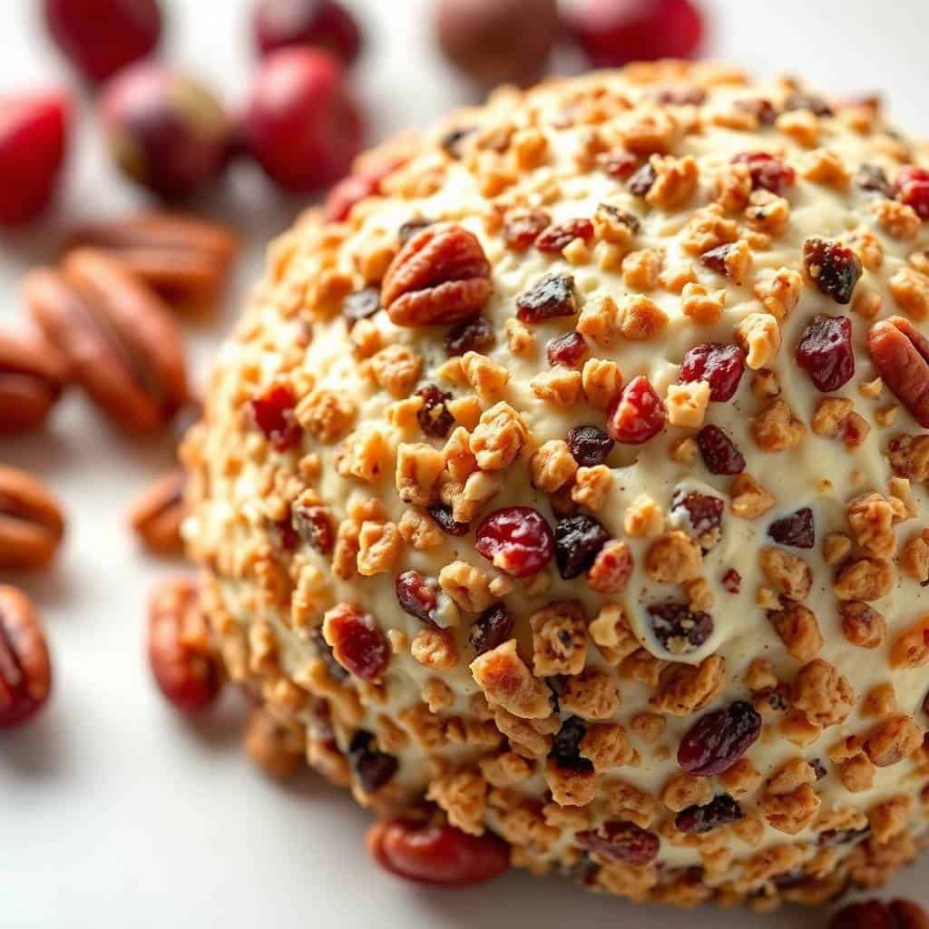 Cranberry pecan cheese ball coated in nuts and dried cranberries with fresh berries blurred in background.