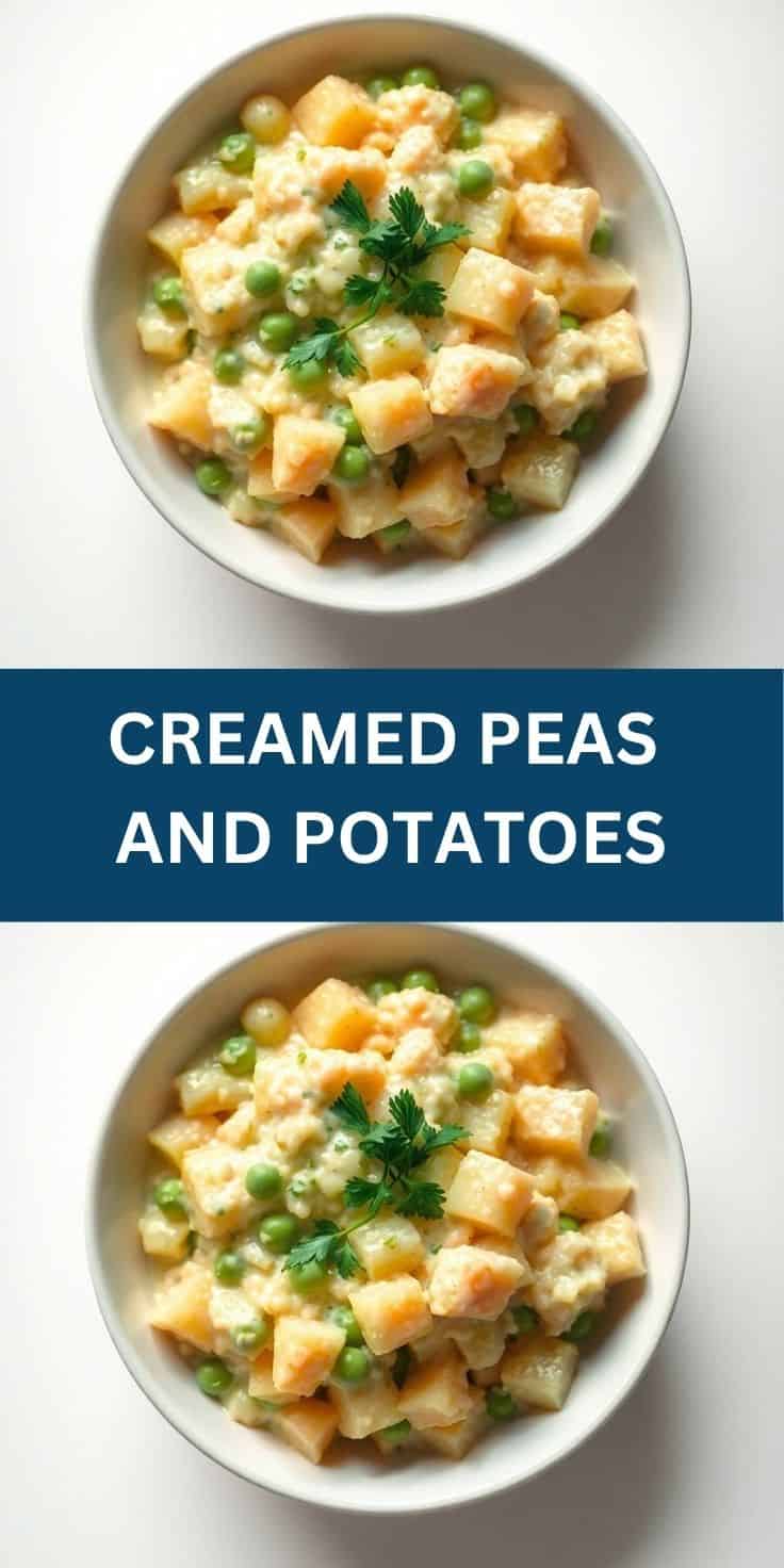 Two bowls of creamed peas and potatoes with diced golden potatoes, green peas, and fresh parsley garnish.