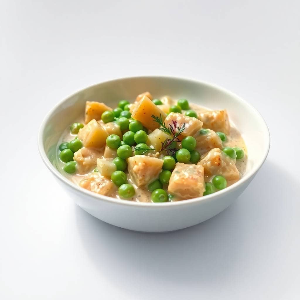 Creamed peas and potatoes in white bowl, garnished with fresh rosemary sprig.
