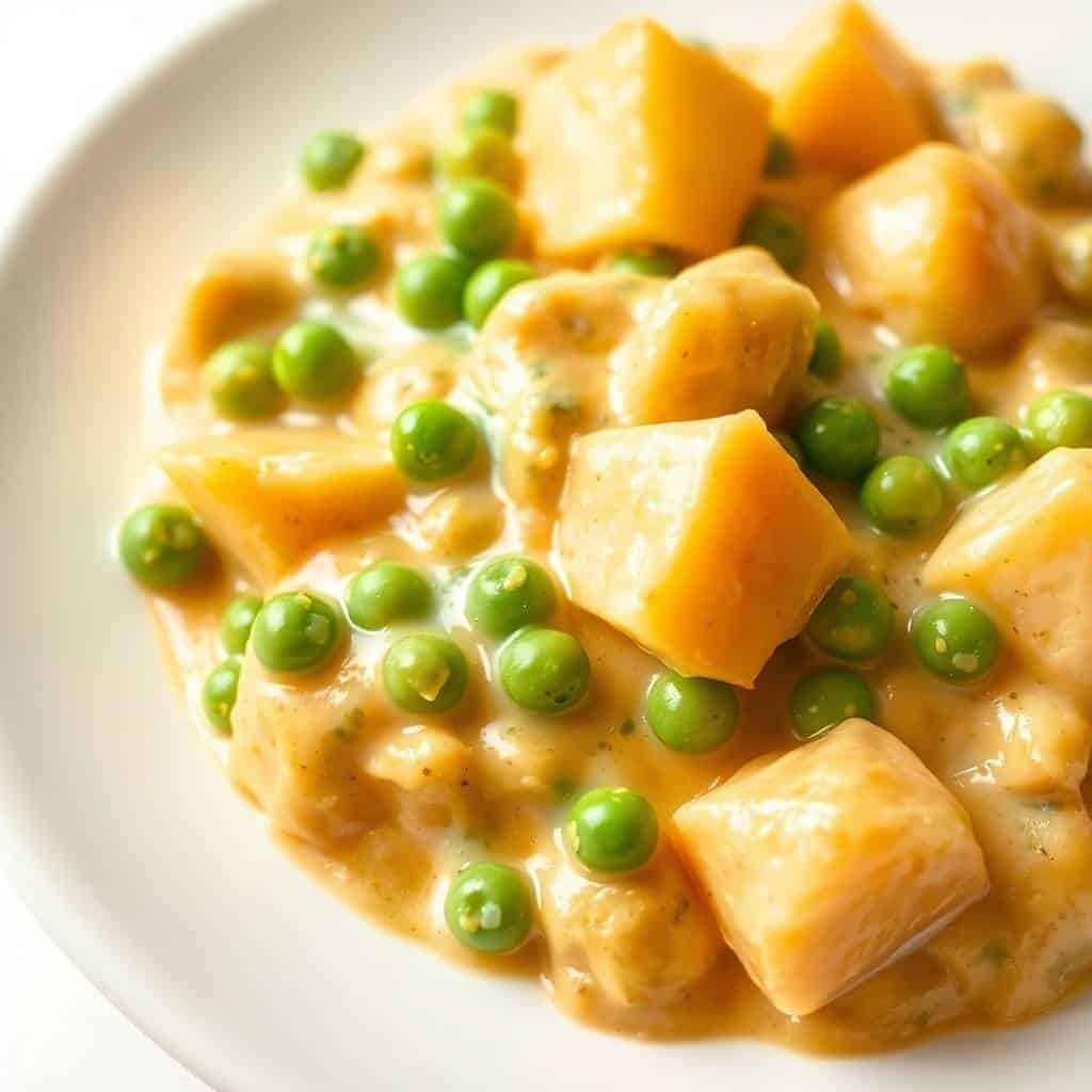 Creamed peas and potatoes served on a white plate with golden potato cubes and bright green peas in a creamy sauce.