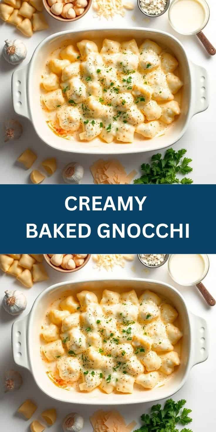 Creamy baked gnocchi in white baking dish garnished with fresh parsley and black pepper.