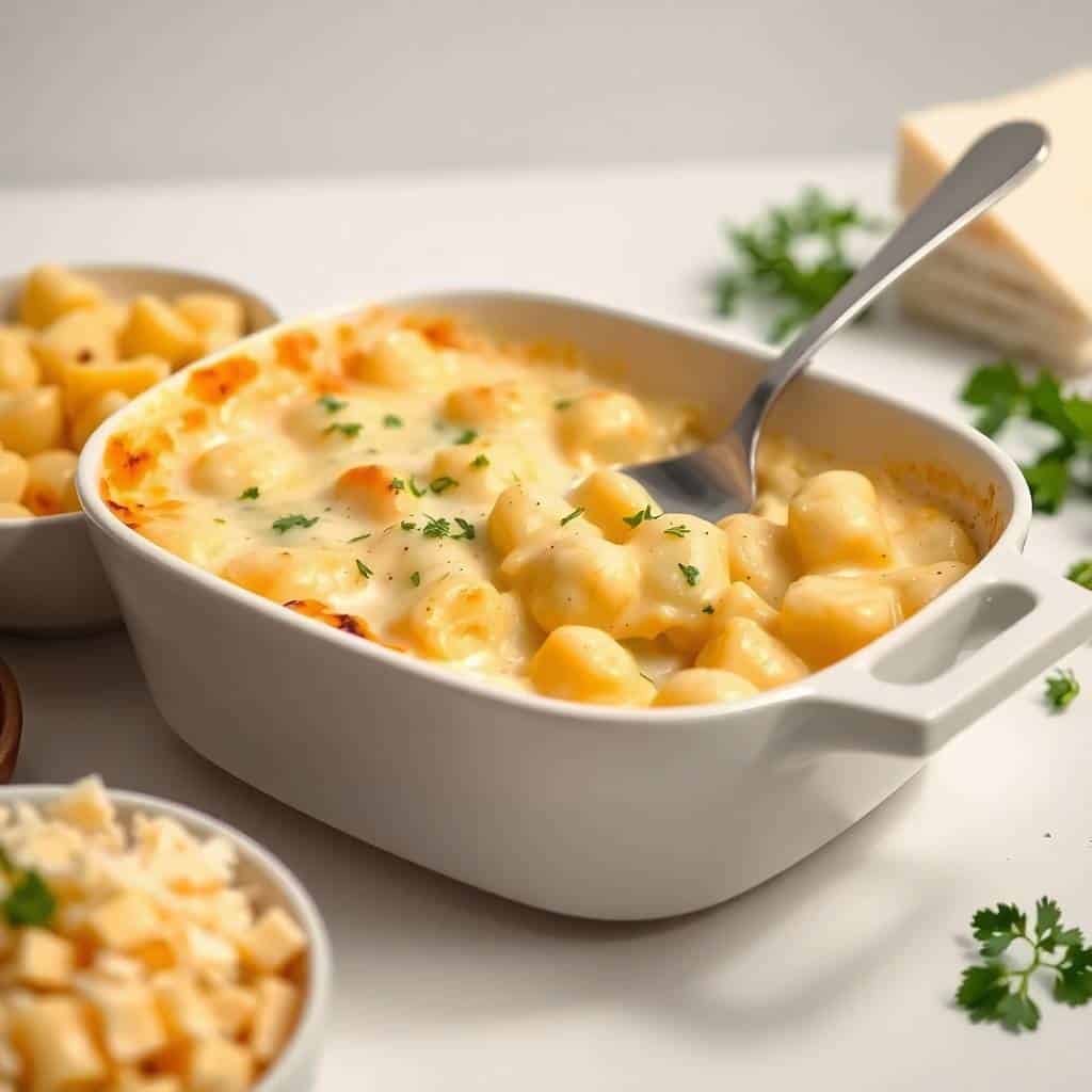 Creamy baked gnocchi with melted cheese and fresh parsley garnish in a white ceramic dish.